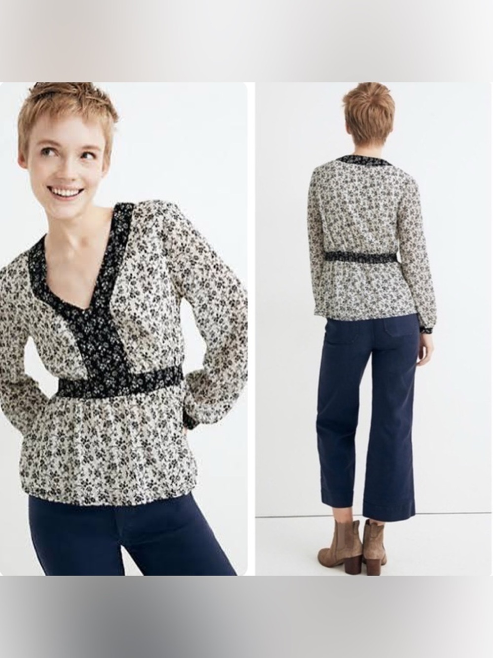 Madewell Clip-dot Branch Floral V-Neck Peplum Top Black White Dainty Monochrome - Picture 12 of 12